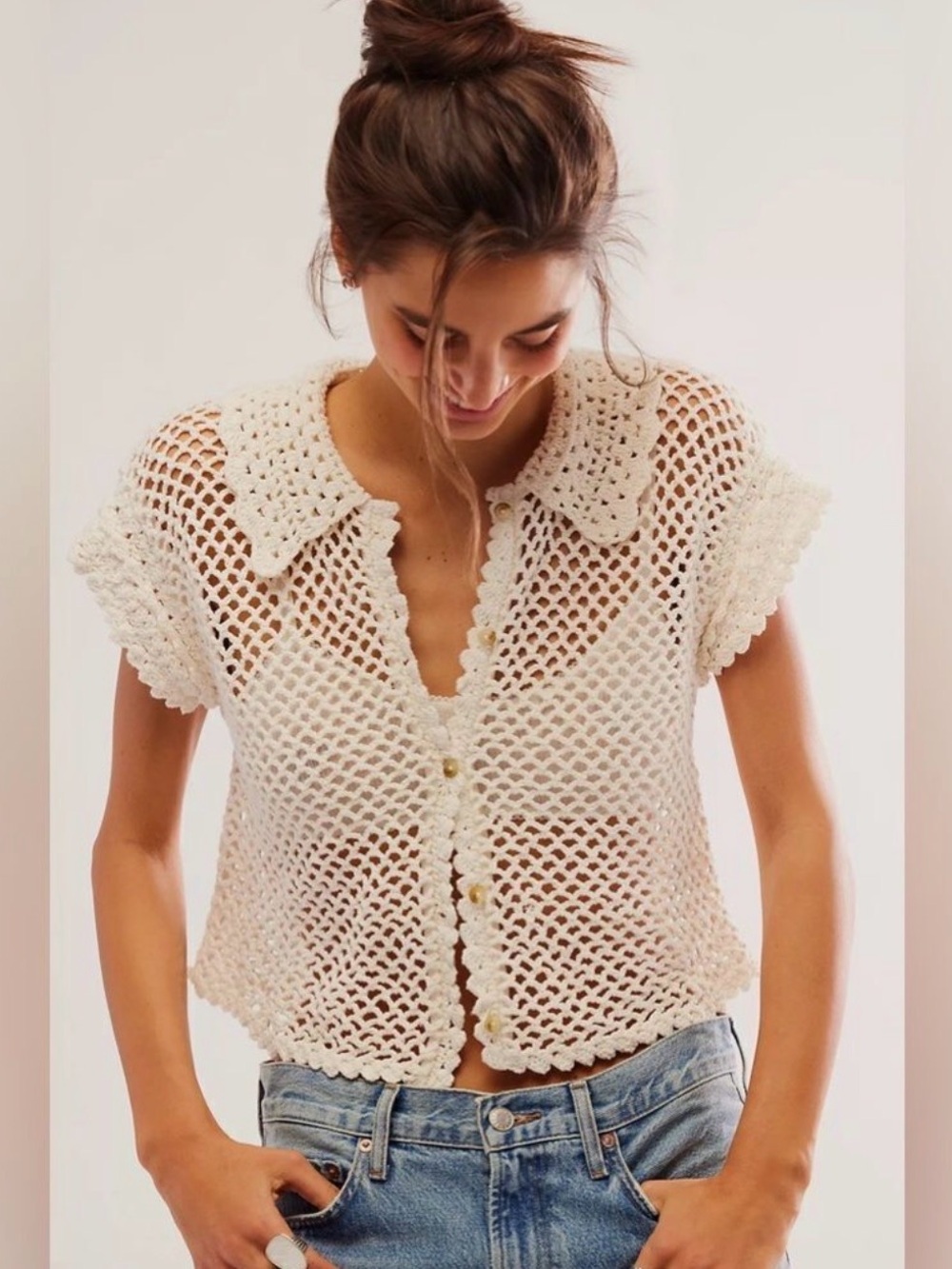 Free People Lily Crop Crochet Cardigan in coconut milk Size M